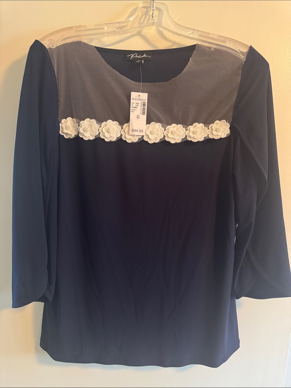 Prelude Navy Mesh Yoke Top with White Floral Trim